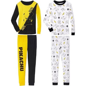 Pokémon Little/Big Boy's Pikachu 4-Piece Cotton Pajama Set, Black/White Print, 4 - 1 of 4