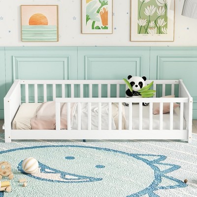 Twin size Floor Platform Bed with Built-in Book Storage Rack,White
