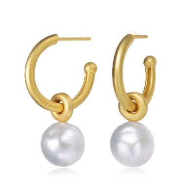 Guili Elegant Sterling Silver 14K Gold Plated Hoop Earrings with 11.5-12MM Genuine Freshwater Pearls for a Luxurious, Timeless Design