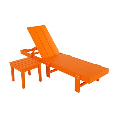 Bright Orange Modern HDPE Reclining Outdoor Chaise Lounge with Wheels and Side Table