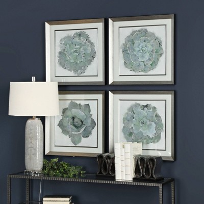Gray and Green Succulent Botanical Print Set in Silver Frames