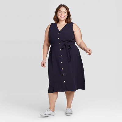 navy button front dress