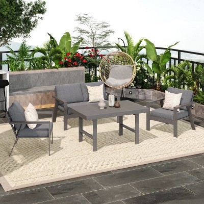 Heynemo 5 pcs Aluminum Sofa Furniture Sets, Modern Metal Sectional Conversation Sofa Chairs Sets Patio Sofa Seating Group With Cushions