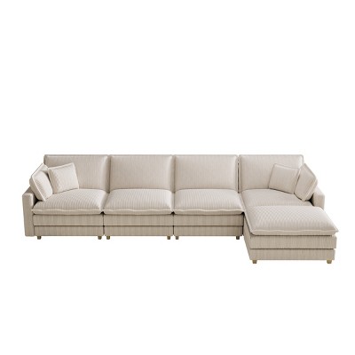 GDFStudio Yehudi Corduroy Upholstered Oversized  Deep Seat L Sofa with Solid Wood Legs, 4 Pillows and Ottoman