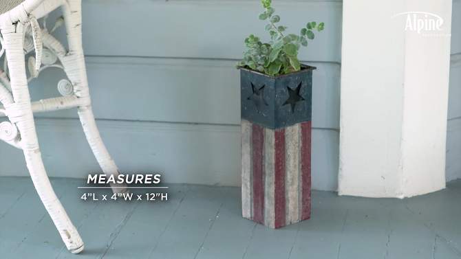 Alpine Corporation 4&#34; Wide Patriotic Square Iron Indoor Outdoor Novelty Planter Red/White/Blue, 2 of 8, play video