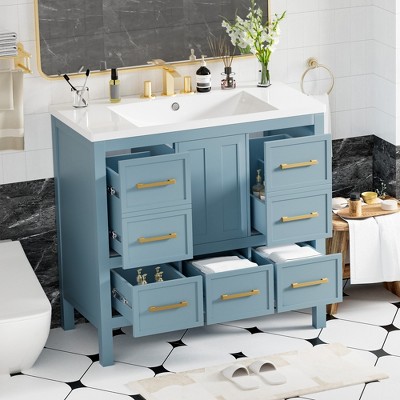36'' Blue Freestanding Bathroom Vanity with Resin Sink and Drawers