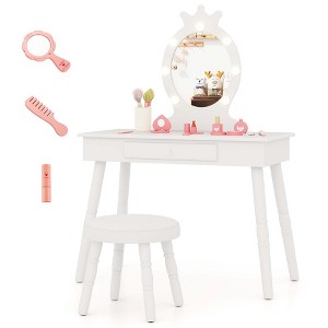 Costway Kids Vanity Set Princess Vanity Table & Chair Set with Lighted Mirror White/Pink/Purple - 1 of 4