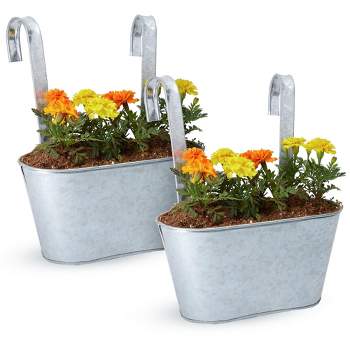 Juvale 2 Pack Galvanized Metal Hanging Bucket Planter Flower Pots for Railing, Fence, Balcony, Wall Decor, and Garden, 5 x 4.5 x 10 In