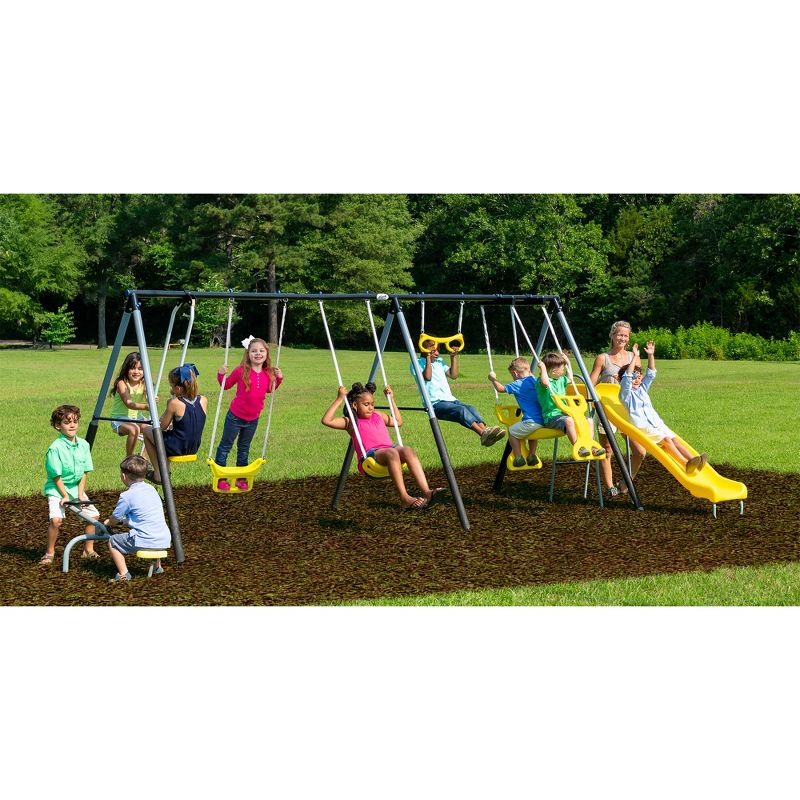 XDP Recreation Rising Sun Playground Metal A-Frame Kids Swing Set, 10 Child Capacity, Outdoor Playset with Slide, See-Saw, Glider, and Swings, Yellow, 5 of 7