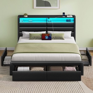 Greenstell Bed Frame with Upholstered  Storage Headboard & Charging Station and  LED Light & Storage Drawers - 1 of 4