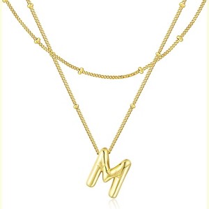 Bubble Letter Necklace for Women, 14K Gold Plated Initial Pendant A-Z Gold-M - 1 of 4