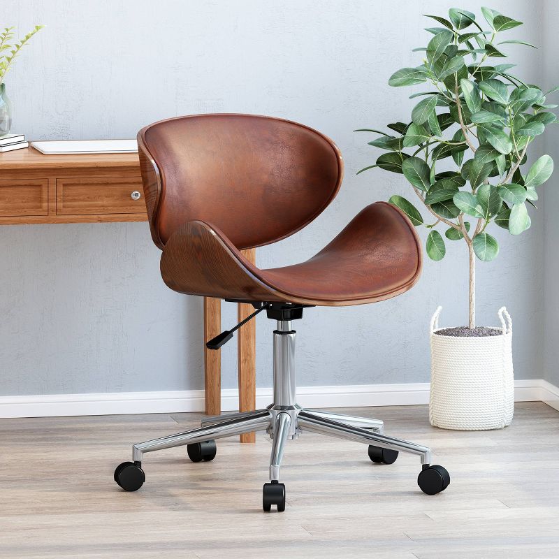 Dawson Mid-Century Modern Upholstered Swivel Office Chair Cognac Brown/Walnut - Christopher Knight Home, 3 of 9
