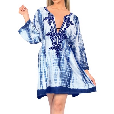 LA LEELA Women's Summer Vacation Beachwear Short Loose Beach Dress Bathing Suits Holiday Swimwear Mini Cover Ups Medium-Large White, Tie Dye Design