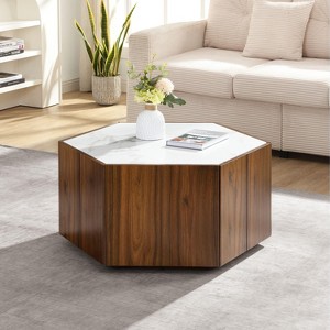CAVINAS Hexagonal Coffee Table,Side Table with 2 Hidden Drawers,Oak Finish,Black Marble Textured Top,Table for Living Room,Reception Areas - 1 of 4