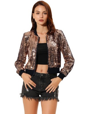 INSPIRE CHIC Women's Sequin Long Sleeve Glitter Shiny Party Bomber Jacket