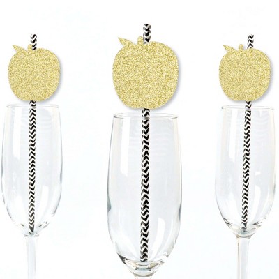 Big Dot of Happiness Gold Glitter Apple Party Straws - No-Mess Real Gold Glitter Cut-Outs & Decorative New Year Paper Straws - Set of 24