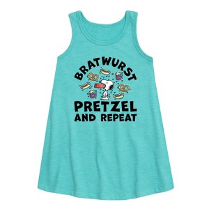 Girls' - Peanuts - Bratwurst Pretzel And Repeat Snoopy Graphic Sleeveless Aline Dress - 1 of 4