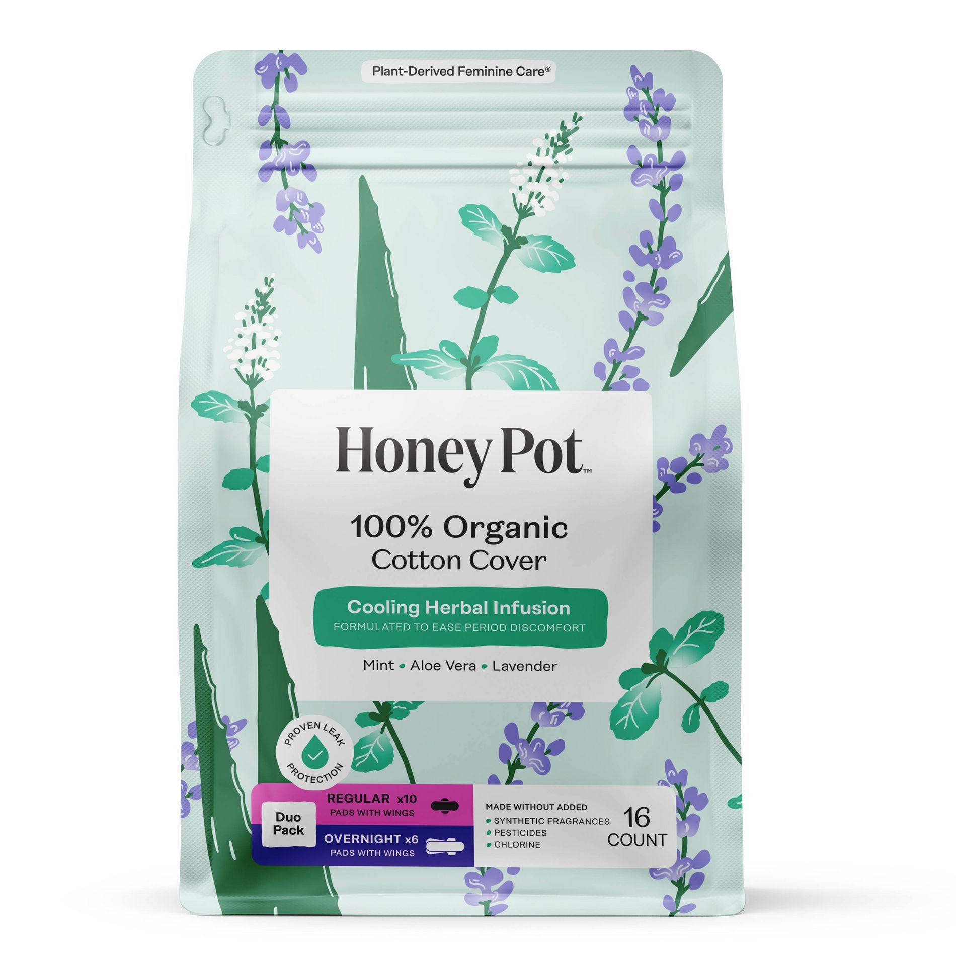 Honey Pot 100% Organic Cotton Cover Cooling Regular Overnight Duo Pads - 16 ct