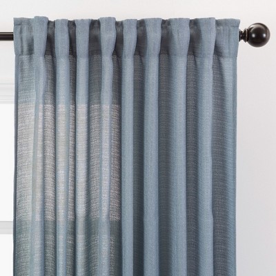 Dark Blue Faux Belgian Flax Semi-Sheer Window Curtain Panels, 52 x 96 Inches