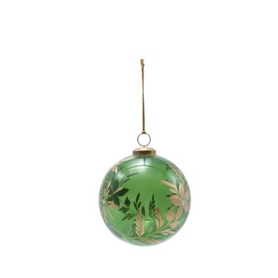 Storied Home Round Hand-Painted Glass Ball Ornament with Botanicals, Green and Gold Finish