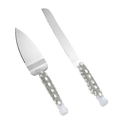 Juvale Silver Cake Cutting Set for Wedding with Knife and Server, Crystals, Ribbon and Faux Diamonds, Stainless Steel