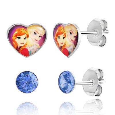 Disney Frozen Anna and Elsa Heart Studs and Blue Crystal Stud Earrings Set - 2 Pairs