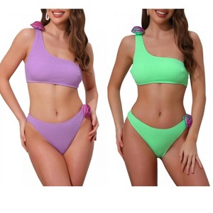 INSPIRE CHIC Women's 3D Rose Floral One Shoulder Ribbed Triangle Bottoms Swimwear Bathing Bikini Suits 2 Sets - 1 of 4