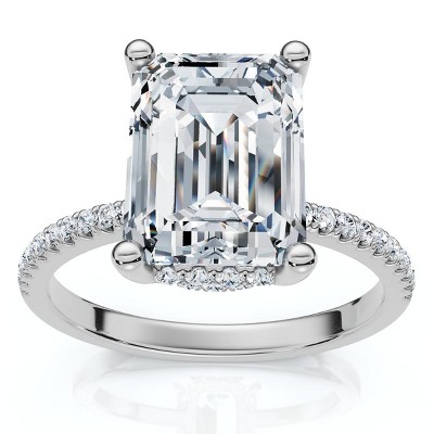 Pompeii3 Certified 3.20Ct Emerald Cut Diamond Side Halo Ring 14k White Gold Grown