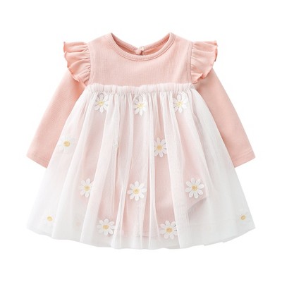 MyKids-USA Baby Girls Floral Lace Patchwork Design Ruffle Long-Sleeved Dress Onesies In Spring & Autumn