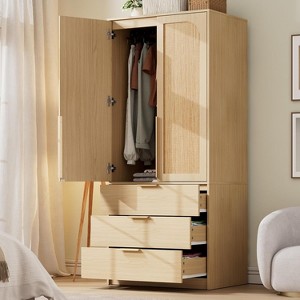 Armoire Wardrobe Closet Wooden Wardrobe Cabinet with 3 Drawers Hanging Rod 2 Doors Clothing Storage Cabinet Large Capacity Storage - 1 of 4