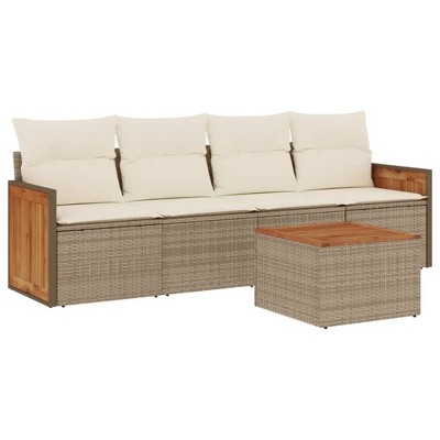vidaXL 5 Piece Patio Sofa Set with Cushions Beige and Cream Poly Rattan - With Table