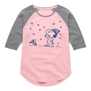 Girls' - Peanuts - Snow Snoopy And Woodstock Shirt Tail Raglan Graphic T-shirt - 1 of 4