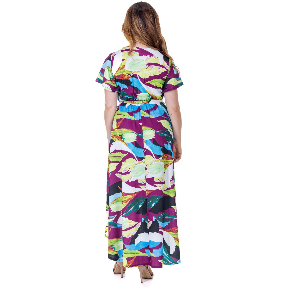 24seven Comfort Apparel Womens Colorful Floral V Neck Belted High Low Faux Wrap Dress - thumbnail 3