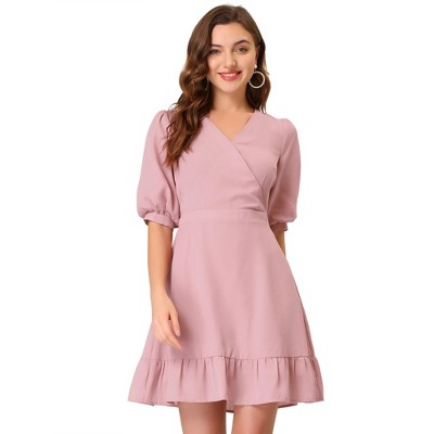INSPIRE CHIC Women's V-neck Puff Short Sleeve Ruffled Hem Mini Dresses
