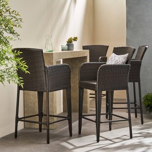 Anaya 4pk All-Weather Wicker Patio Barstool - Brown - Christopher Knight Home: Outdoor Seating, Iron Frame, Foot Rails - 1 of 4