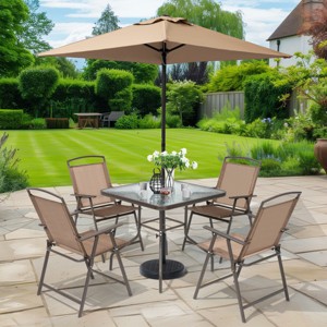 6 piece patio set with umbrella target Pellebant 6-Piece Patio Dining Set Umbrella 4 Folding Chairs Square Tempered Glass Table Brown