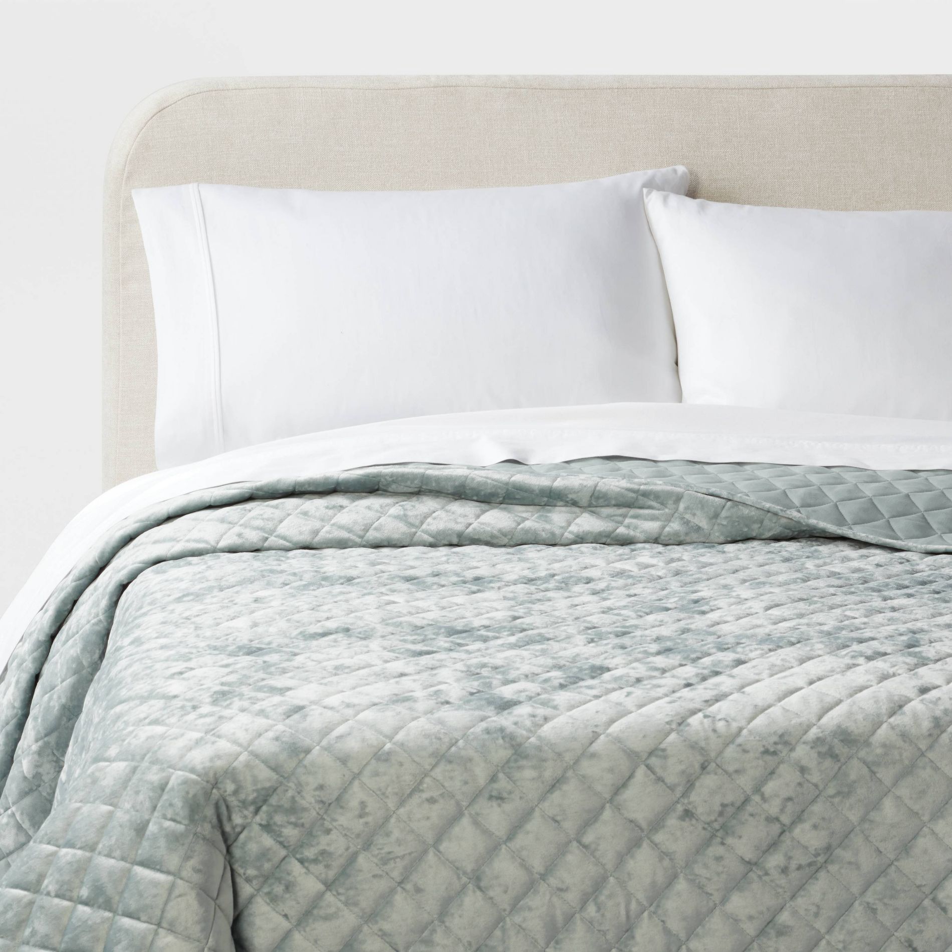 Full/Queen Luxe Diamond Stitch Velvet Quilt Light Teal Green - Threshold™: OEKO-TEX Certified