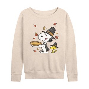 Women's - Peanuts - Snoopy and Woodstock Thanksgiving Pie Lightweight French Terry Wide Neck Long Sleeve Shirt - 1 of 4