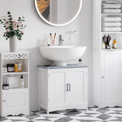 White MDF Pedestal Under Sink Cabinet with Adjustable Shelves