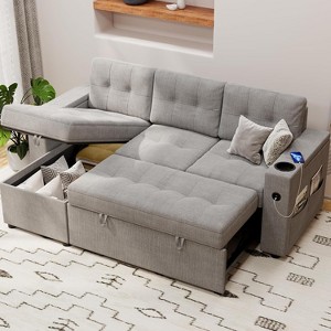 84” 2-in-1 Sofa Bed Comfortable Living Room Sofa with 2 Storage Arms and 2 Charging Ports, L-Shaped Sofa with 2 Cup Holders and Side Pockets - 1 of 4