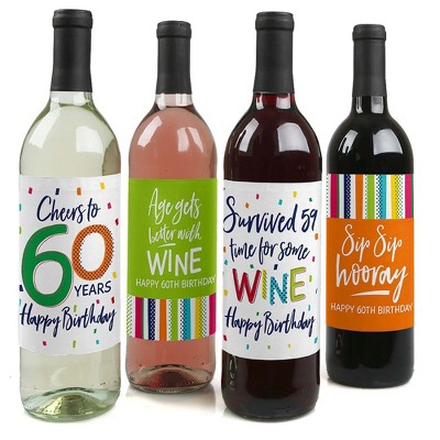 Big Dot of Happiness 60th Birthday - Cheerful Happy Birthday - Colorful Sixtieth Birthday Party Decor - Wine Bottle Label Stickers - Set of 4