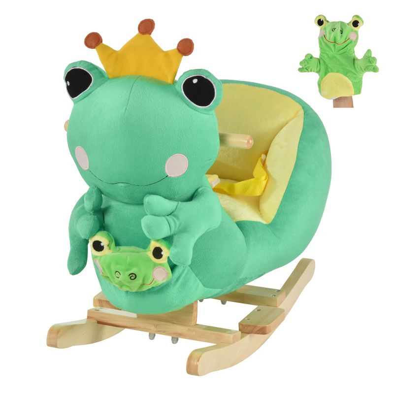 Qaba Kids Ride-On Rocking Horse Toy Frog Style Rocker with Fun Music, Seat Belt & Soft Plush Fabric Hand Puppet for Children 18-36 Months, Green, 5 of 10