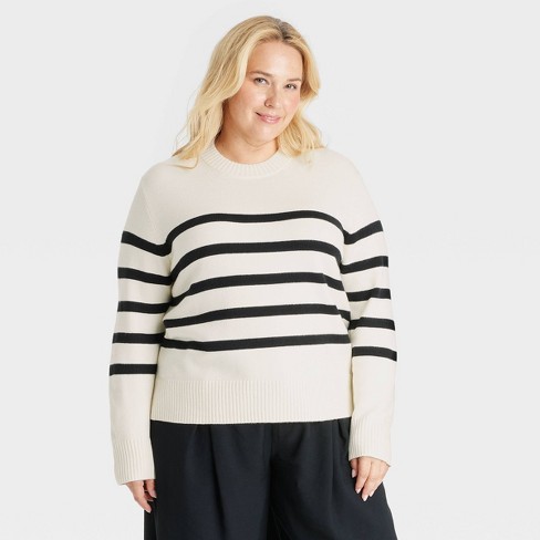 Women s Crewneck Pullover Sweater A New Day Cream Striped 2x Target