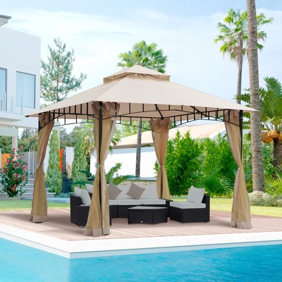 Beige Outdoor Patio Gazebo Canopy Tent with Mesh Sidewalls