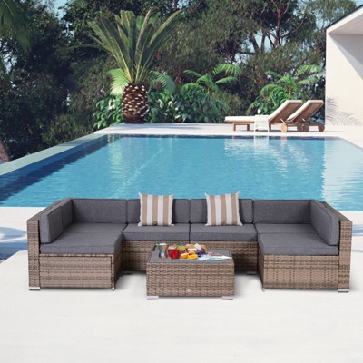Outsunny 7-Piece Patio Furniture Sets Outdoor Wicker Conversation Sets All Weather PE Rattan Sectional sofa set with Cushions & Slat Plastic Wood Table, 4 of 10