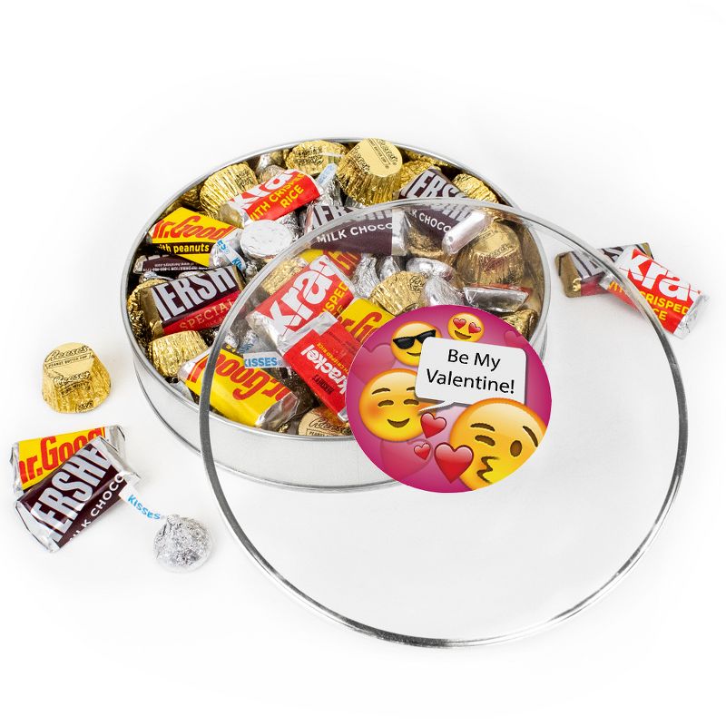 Valentine's Day Candy Gift Tin - Plastic Gift Tin with Hershey's Kisses, Hershey's Miniatures & Reese's Peanut Butter Cups - Emoji - By Just Candy, 1 of 3