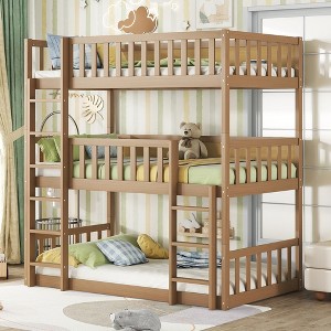 KTMBDW Rubber Wood Low Twin Triple Bunk Bed for Kids/Junior, Bunk Bed Frame with Guardrails & Ladder for Boys Girls, No Box Spring Needed - 1 of 4