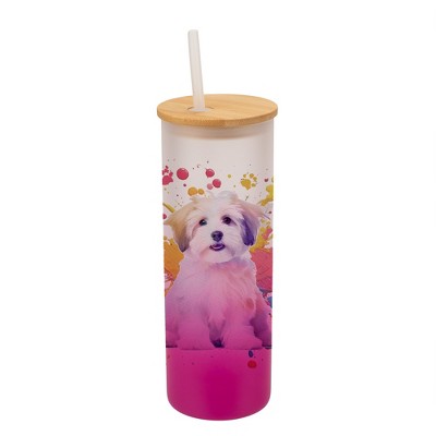 100 North 25 Ounce Frosted Glass Gradient Travel Tumbler With Straw & Wooden Lid, Havanese Dog Paint Splatter Pink
