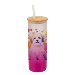 100 North 25 Ounce Frosted Glass Gradient Travel Tumbler With Straw & Wooden Lid, Havanese Dog Paint Splatter Pink - 1 of 4