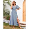 Coolmee Women Boho Floral Casual Smocked Ruffled Short Sleeve Dress Elegant V-Neck Split Maxi Dress - 3 of 4